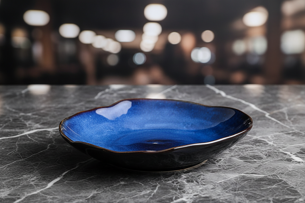 Assiette céramique bleue - fond marbre