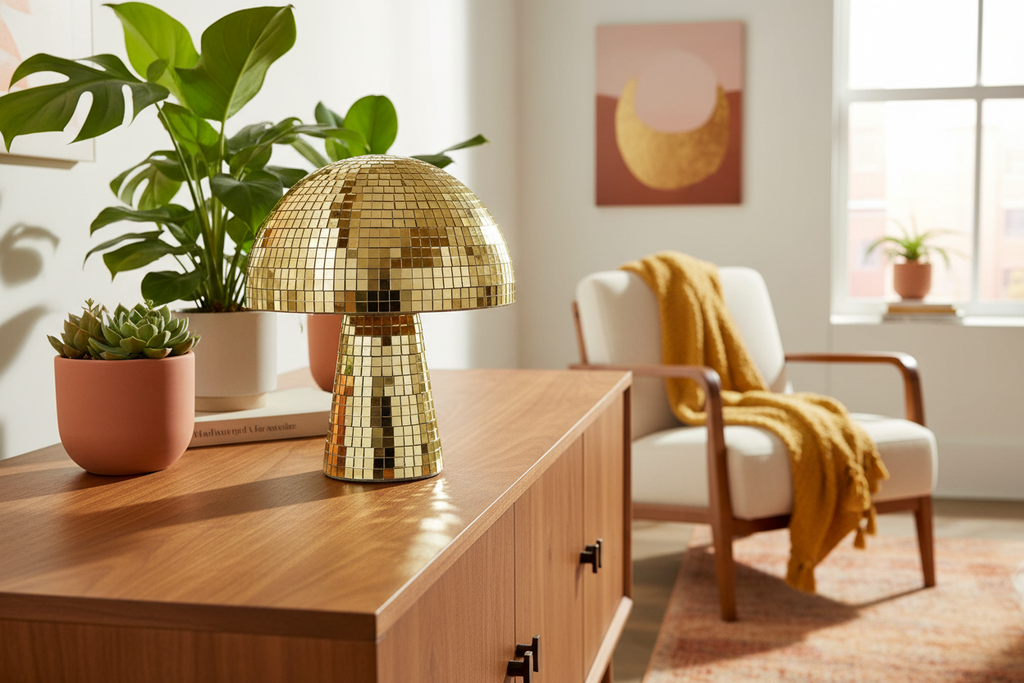 Champignon disco gold dans un salon ensoleillé