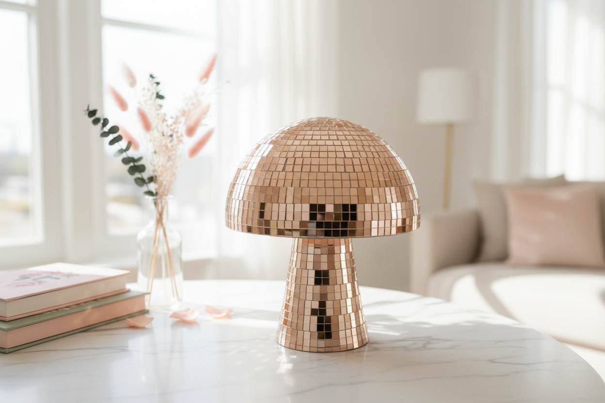 Champignon disco gold rosé dans un intérieur chic